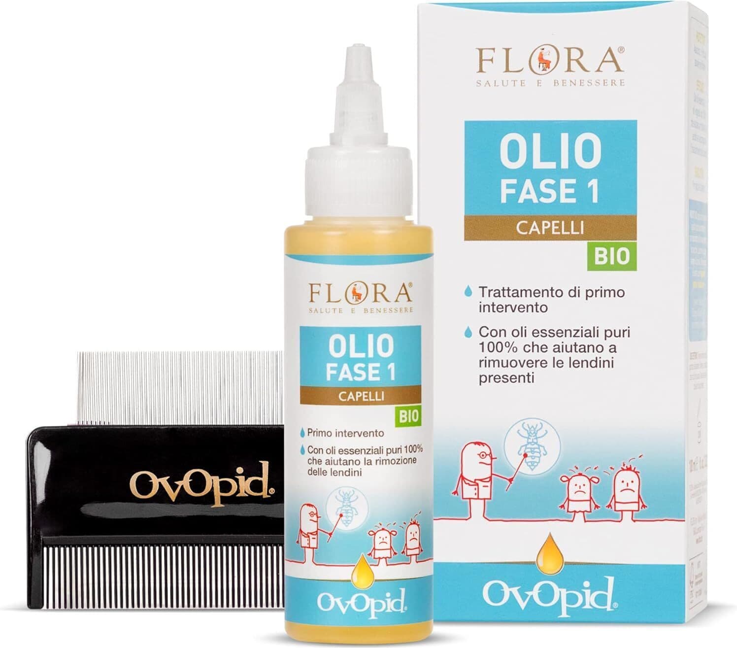 2 X Olio Capelli Antipediculosi Flora Ovopid - Trattamento Protettivo ed Efficace Fase 1, 100 Ml - Rimuove Efficacemente i Pidocchi