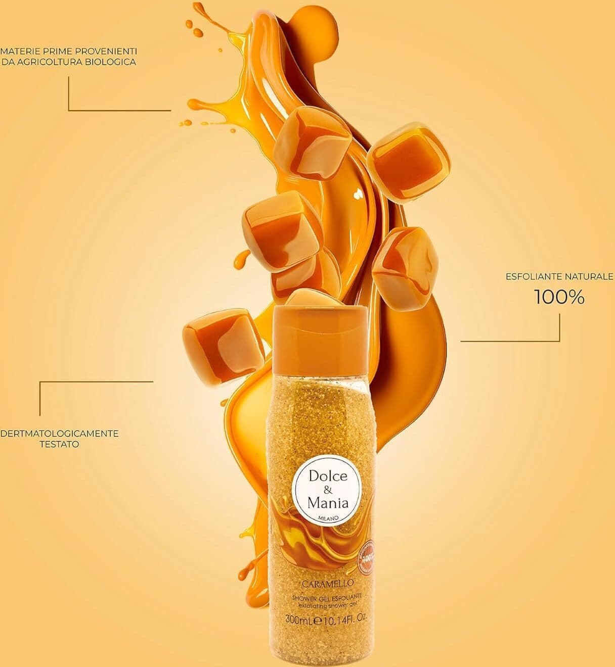 Gel Doccia Esfoliante DOLCE & MANIA | Scrub Caramello 300ml - Profumo da Donna Delicato, Idratante e Lussuoso, Pelle Morbida e Profumata con Note di Caramello