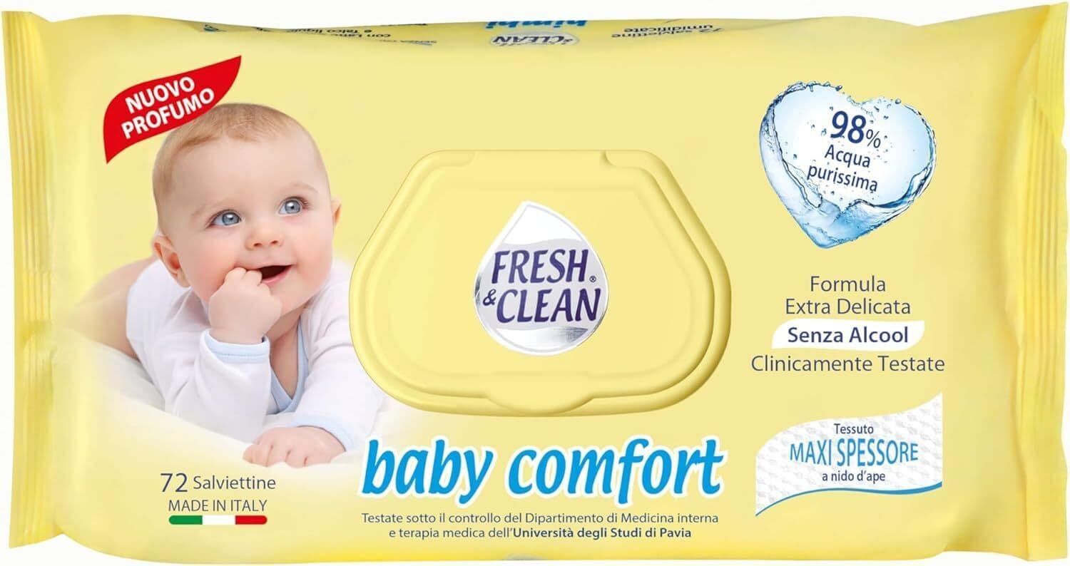 Salviettine Neonato Extra Delicate Fresh & Clean Baby Comfort - Senza Alcool, Tessuto Maxi Spessore, Morbidezza Superiore, Assorbenza Elevata, Confezione da 72 Pezzi