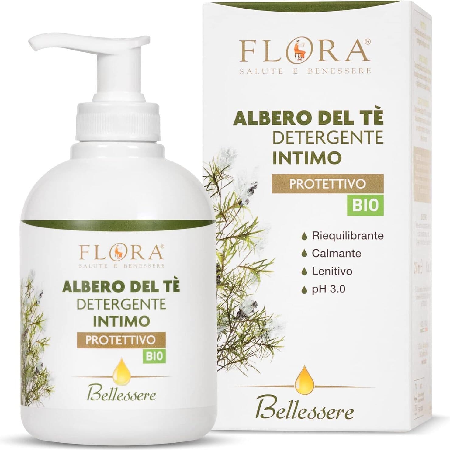 2 X Detergente Intimo Flora Bellessere al Tè Verde - Protettivo, Idratante e Lenitivo, pH 3.0, 250 ml