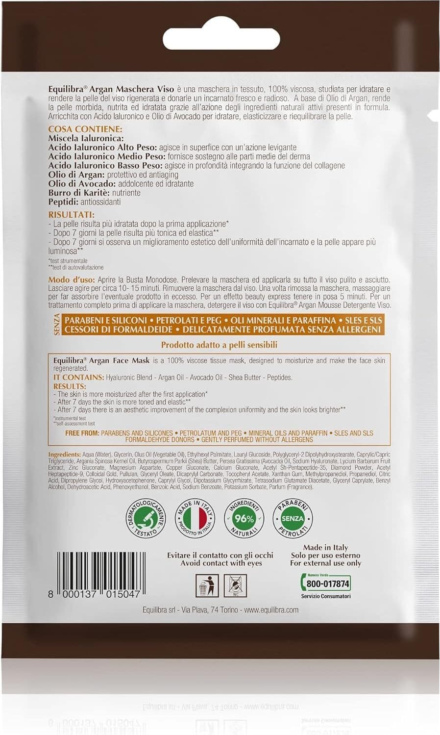 Maschera Viso Idratante Monodose Equilibra Argan, Tessuto Restitutivo 20g - Trattamento Intensivo Pelle Radiosa