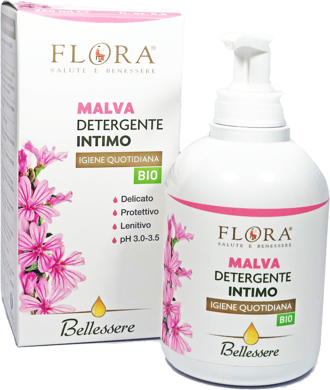 2 X Detergente Intimo Biologico FLORA con Estratto di Malva - PH 3.0-3.5 Certificato BIO-BDIH - Effetto Lenitivo e Idratante - 250 ml