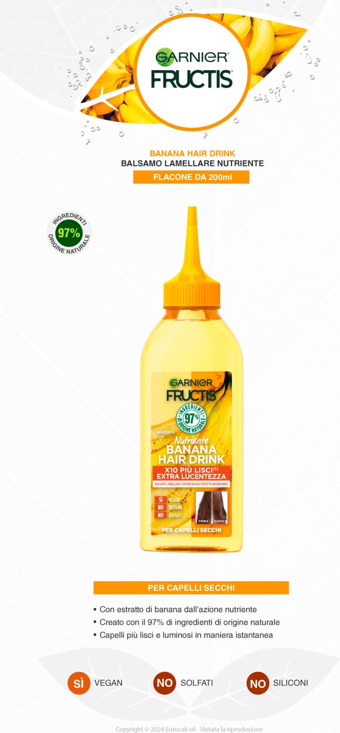 Balsamo Lamellare Nutriente Fructis Banana Hair Drink - 200 ml per Capelli Setosi e Forti